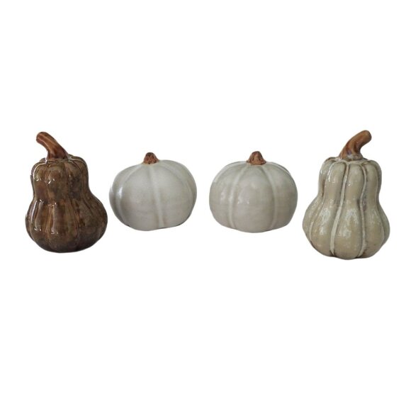 Small Ceramic Gourds Pumpkins Set of 4 Neutral Colors Glaze - Picture 2 of 6